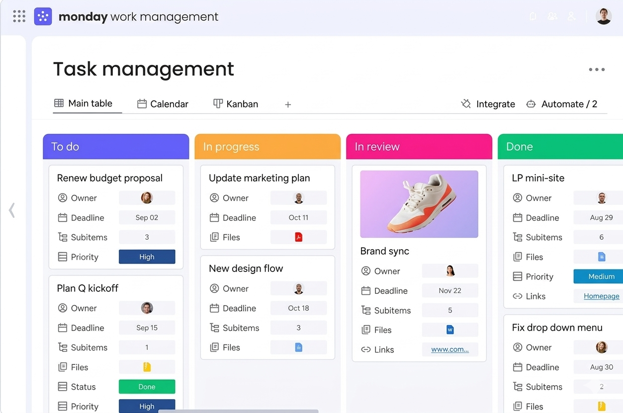 Monday.com dashboard showing a sample project board with tasks, status columns, and team assignments