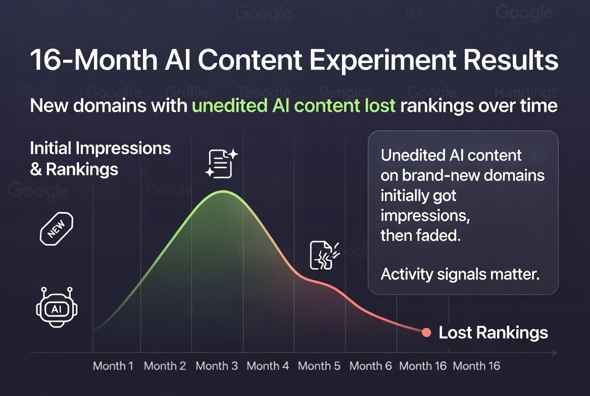 16-month AI content experiment results: new domains with unedited AI content lost rankings over time