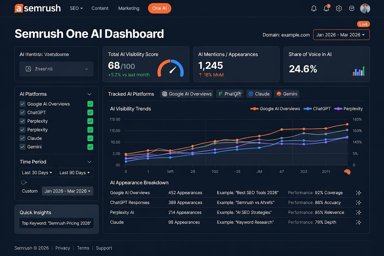 Semrush One AI visibility dashboard tracking ChatGPT and Google AI Overviews