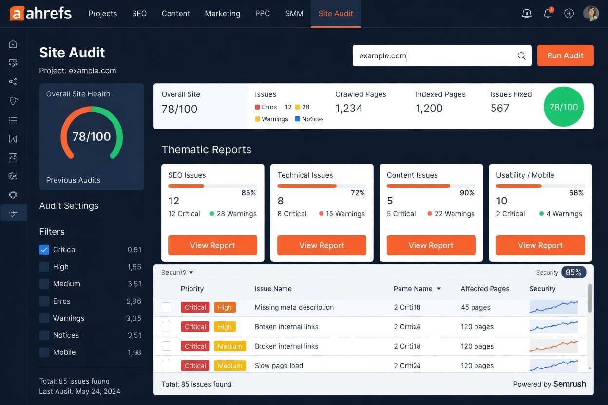 Semrush site audit thematic reports